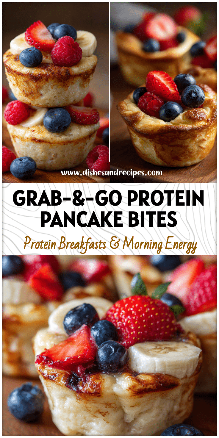 Close-up of fluffy pancake muffins topped with fresh fruit for an Easy Meals With Protein breakfast.